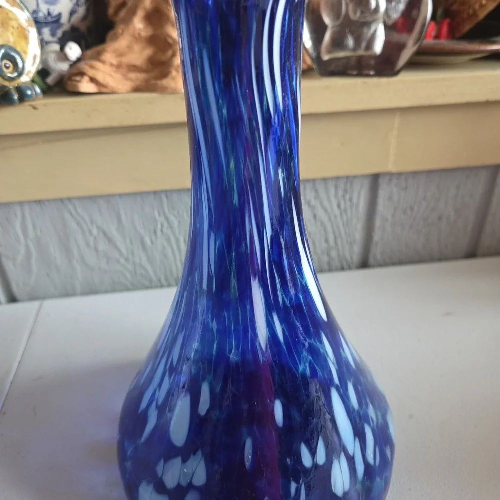 Abstract Art Glass Vase Decanter Style Hand Blown Mexico Blue White Ovals